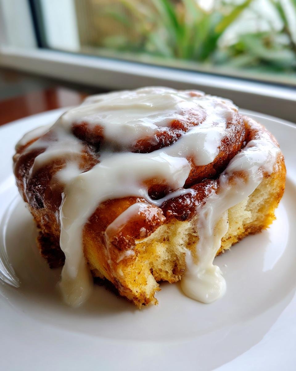 Nahaufnahme einer saftigen Pumpkin Cinnamon Rolls mit dickem, wei&szlig;em Zuckerguss auf einem wei&szlig;en Teller.