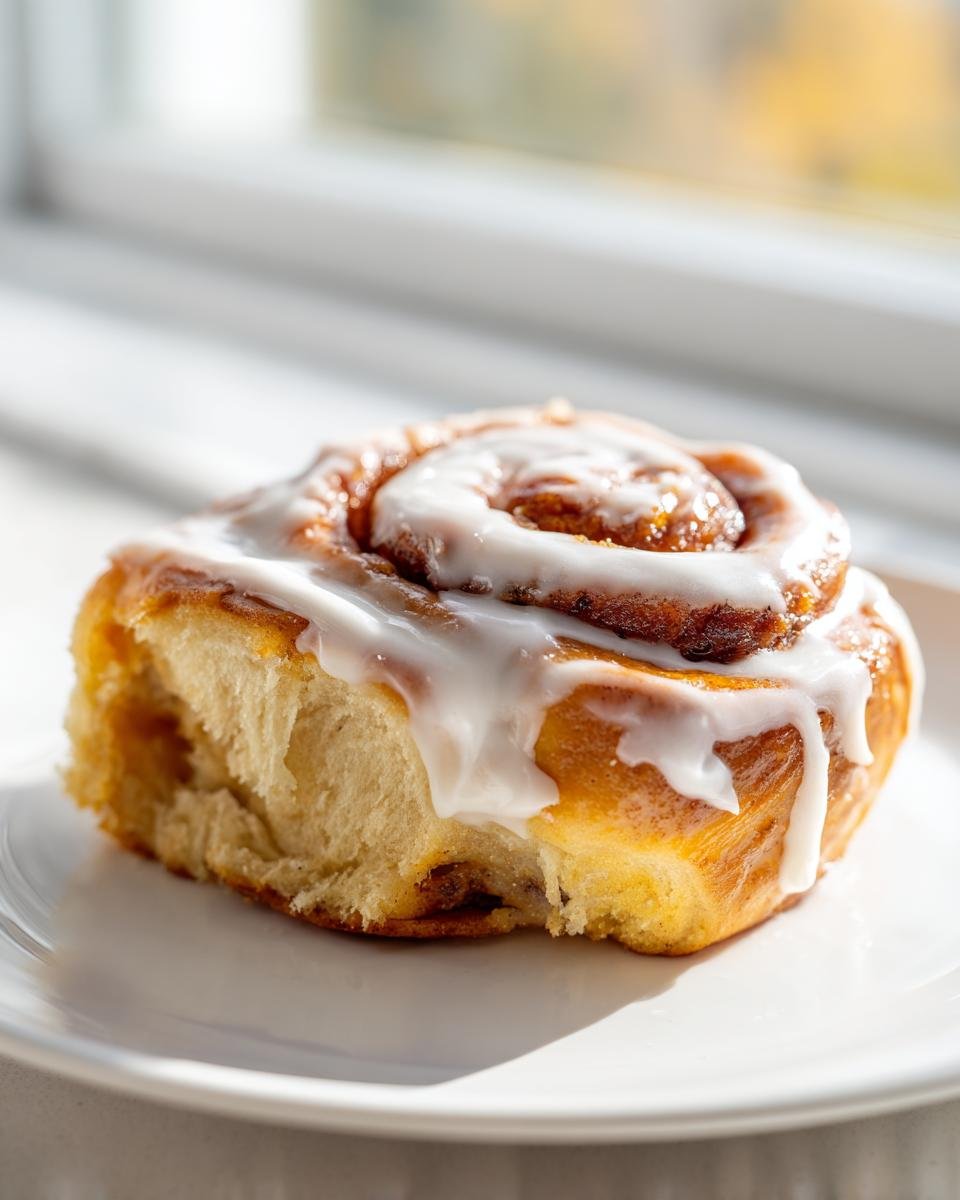 Nahaufnahme einer saftigen Pumpkin Cinnamon Rolls mit dickem, wei&szlig;em Zuckerguss auf einem wei&szlig;en Teller.