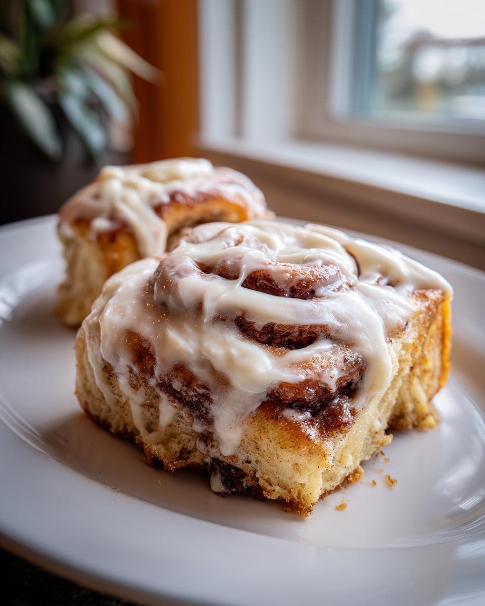 Nahaufnahme von zwei saftigen Pumpkin Cinnamon Rolls mit dickem wei&szlig;en Zuckerguss auf einem wei&szlig;en Teller.
