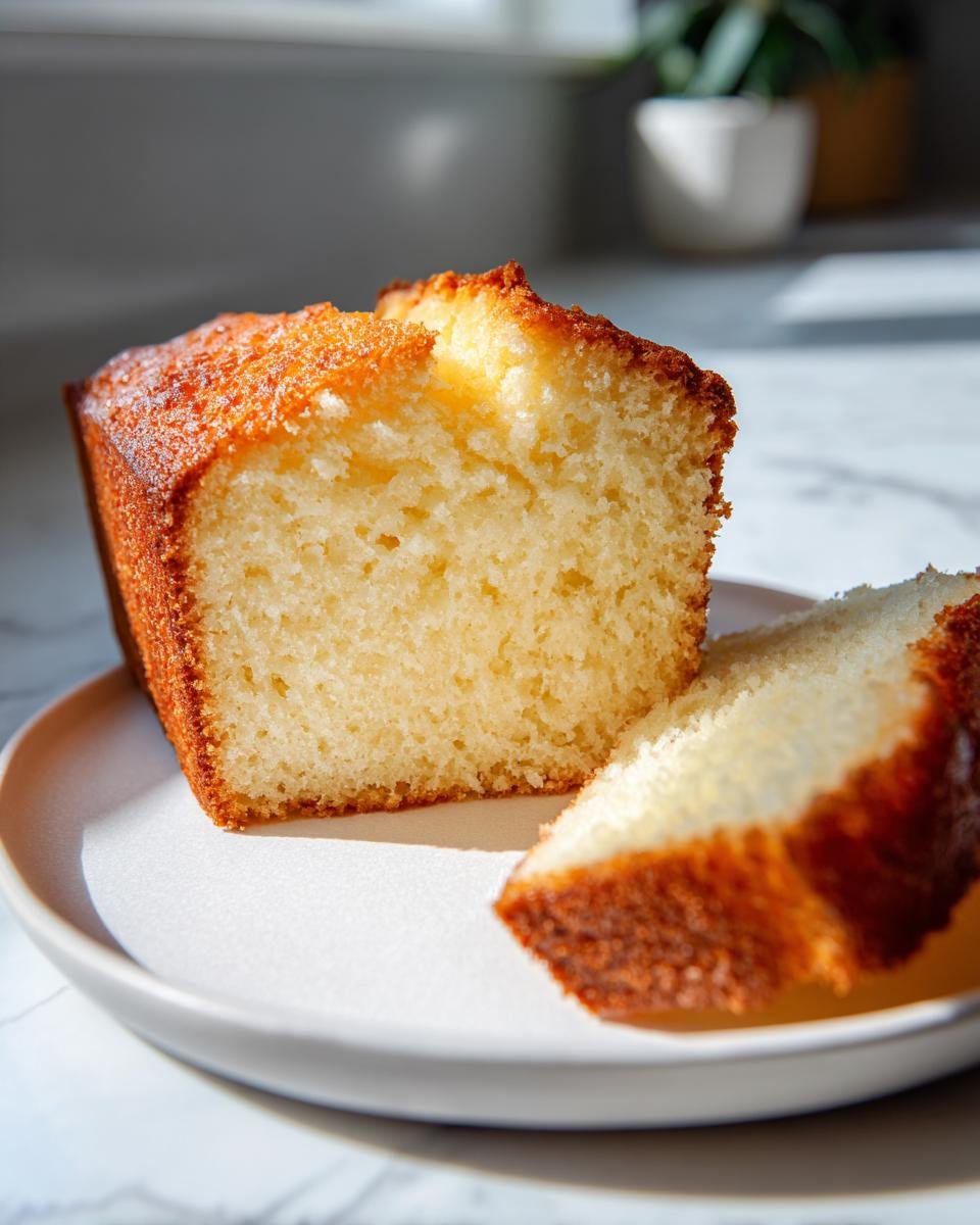 Angeschnittener, saftiger Vanilla Buttermilk Cake mit goldbrauner Kruste auf einem Teller.