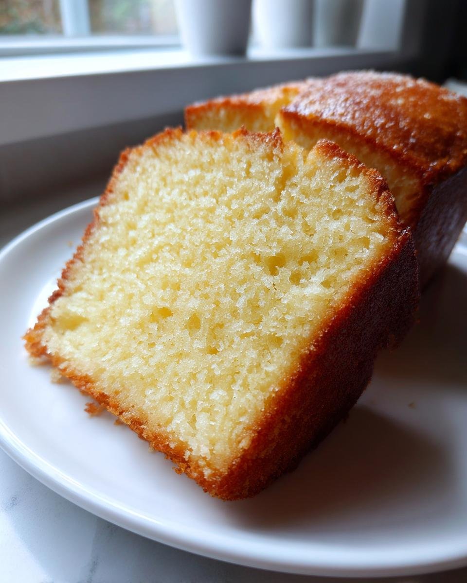 Nahaufnahme eines aufgeschnittenen St&uuml;cks saftiger Vanilla Buttermilk Cake auf einem wei&szlig;en Teller.