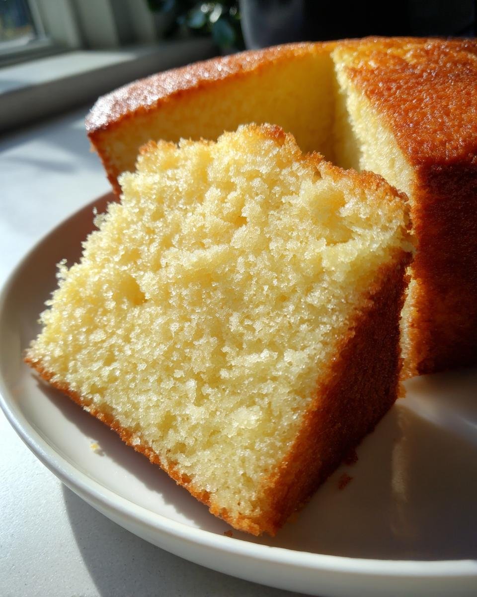 Nahaufnahme eines saftigen St&uuml;cks Vanilla Buttermilk Cake auf einem wei&szlig;en Teller, das die lockere Textur zeigt.