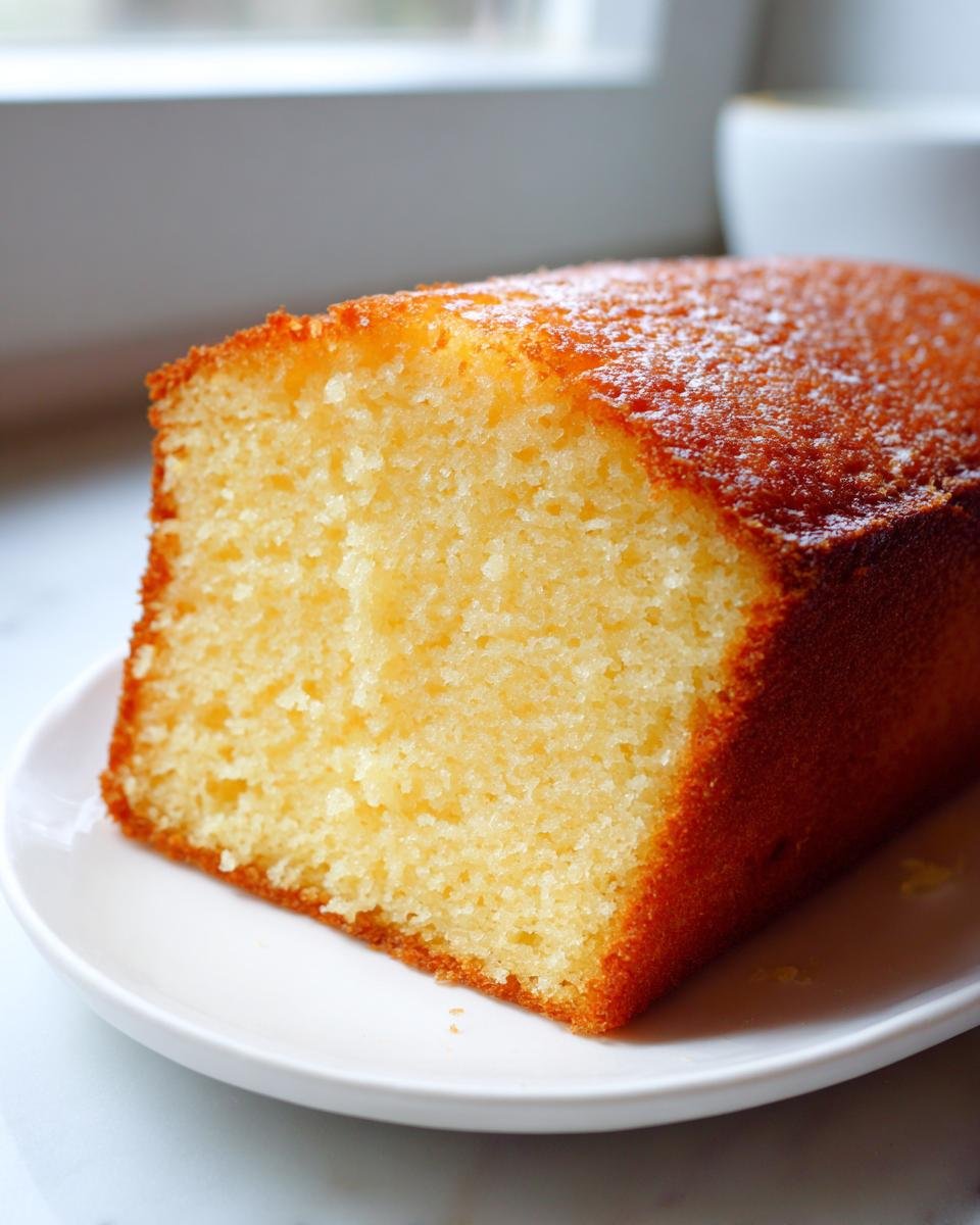 Nahaufnahme eines saftigen St&uuml;cks Vanilla Buttermilk Cake mit goldbrauner Kruste auf einem wei&szlig;en Teller.