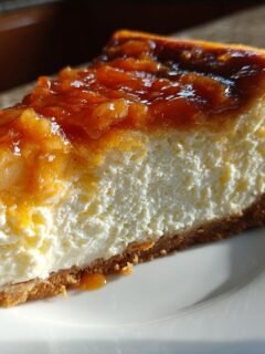 Ein großes Stück Salted Caramel Apple Pie Cheesecake mit cremiger Füllung und Karamell-Apfel-Topping.