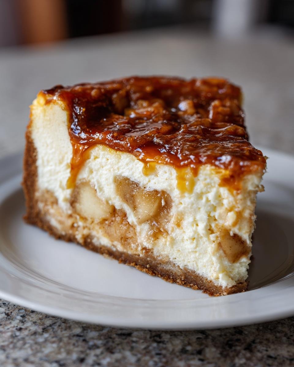 Ein Stück Salted Caramel Apple Pie Cheesecake mit karamellisiertem Apfelbelag auf einem weißen Teller.