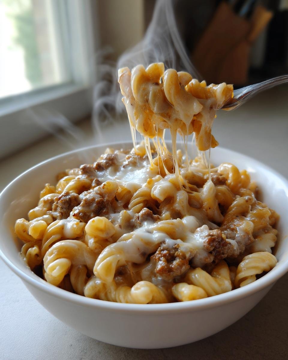 Eine Gabel voll dampfender, k&auml;siger Wurst-Nudeln wird aus einer wei&szlig;en Sch&uuml;ssel gezogen, die K&auml;sef&auml;den ziehen.