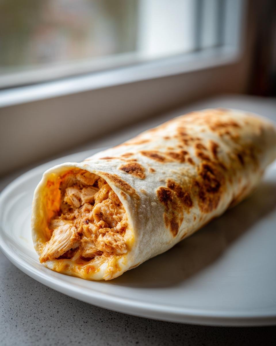 Nahaufnahme eines gegrillten Wraps gef&uuml;llt mit saftigem H&auml;hnchen und K&auml;se f&uuml;r schnelle K&auml;se-Knoblauch-H&auml;hnchen-Wraps.