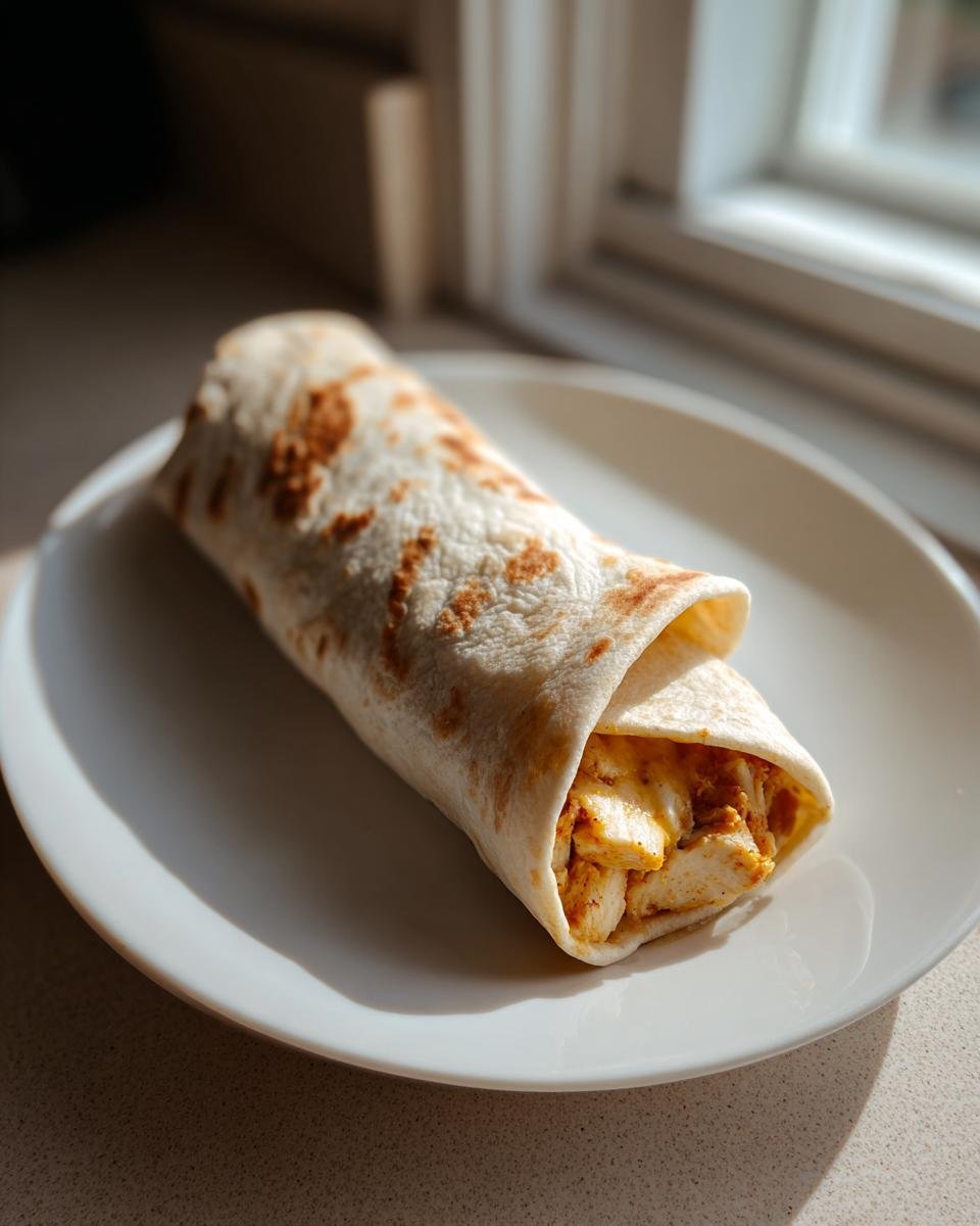 Ein fertiger Wrap mit H&auml;hnchen und K&auml;se, perfekt f&uuml;r schnelle und k&auml;sige Knoblauch H&auml;hnchen Wraps.