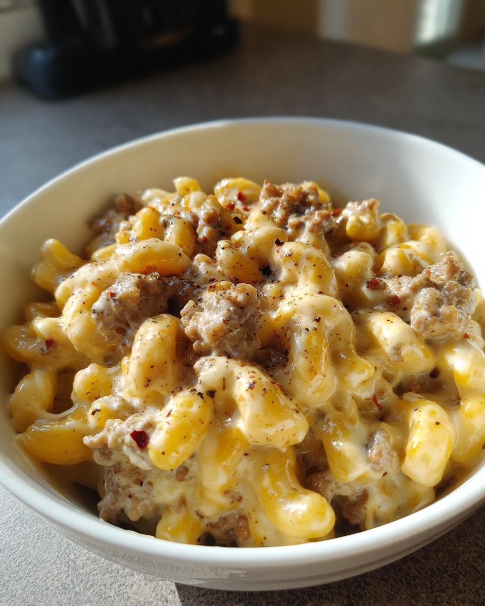 Nahaufnahme einer Sch&uuml;ssel mit cremiger, k&auml;siger One Pot Wurst Pasta, bestreut mit Pfeffer und Chili.