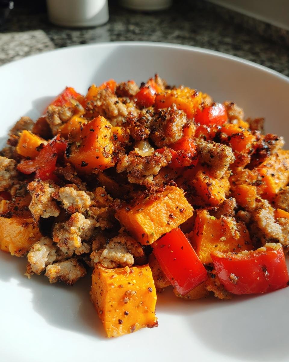 Nahaufnahme einer Portion der Schnelle T&uuml;rkei S&uuml;&szlig;kartoffel Pfanne mit gew&uuml;rfeltem Fleisch und orangefarbenen S&uuml;&szlig;kartoffeln.