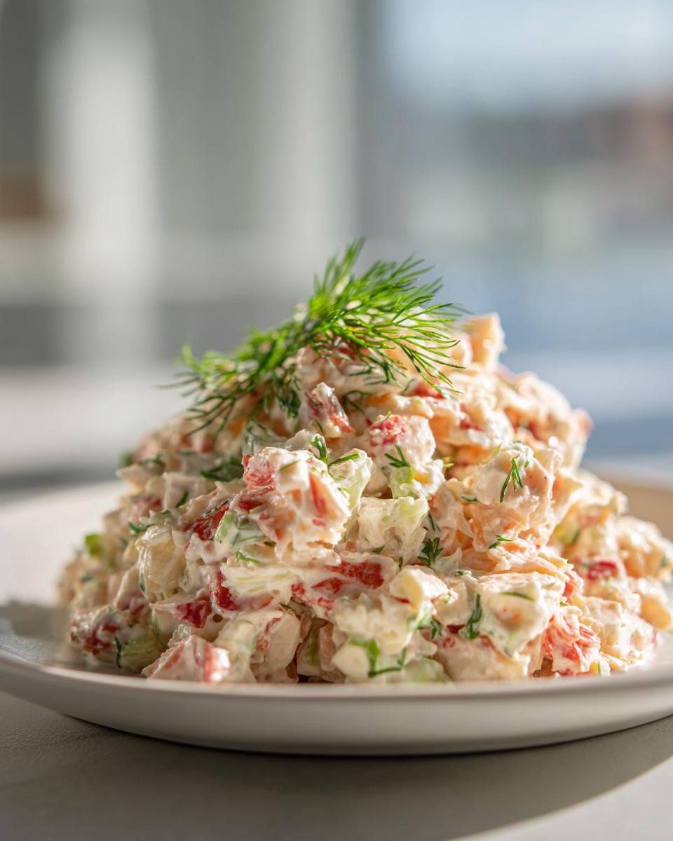 Nahaufnahme von cremigem, schnellem Krabbensalat, garniert mit frischem Dill auf einem wei&szlig;en Teller.