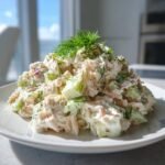 Cremiger Haufen Krabbensalat mit Gurkenst&uuml;cken und frischem Dill auf einem wei&szlig;en Teller.