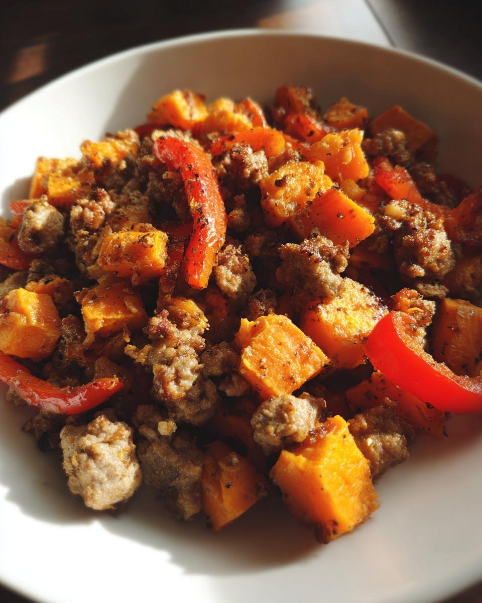 Nahaufnahme eines Quick Turkey Sweet Potato Skillet Recipe mit gebratenem Hackfleisch, orangefarbenen S&uuml;&szlig;kartoffelw&uuml;rfeln und roten Paprikastreifen.