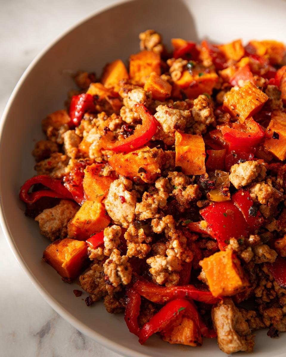 Nahaufnahme des fertigen Quick Turkey Sweet Potato Skillet Recipe mit gew&uuml;rfeltem Truthahn, S&uuml;&szlig;kartoffeln und roten Paprika.