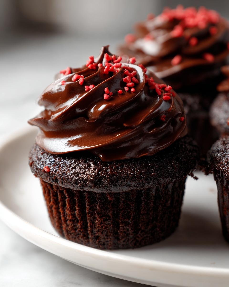Nahaufnahme eines dunklen Schokoladen-Cupcakes mit gl&auml;nzender Schokoladenganache und roten Streuseln, ideal f&uuml;r Valentine Cupcakes.