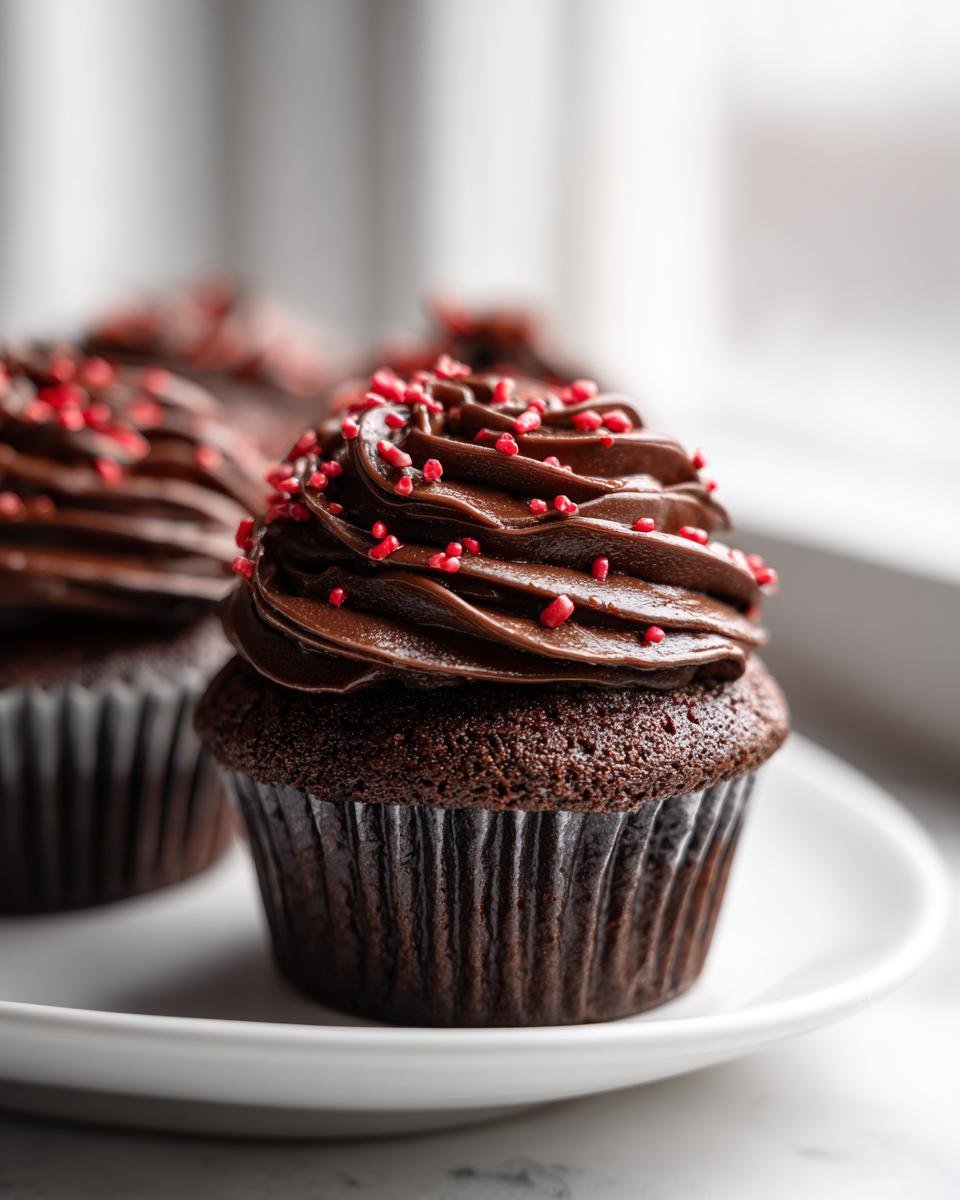 Nahaufnahme eines dunklen Schokoladen-Cupcakes mit reichhaltigem Schokoladenfrosting und roten Streuseln, perfekt f&uuml;r Valentine Cupcakes.