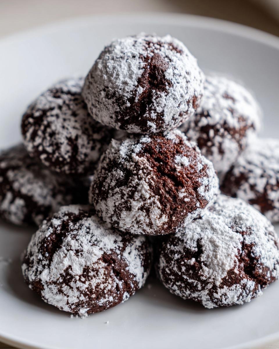 Ein Haufen saftiger Schokoladen-Schneebällchen, dick mit Puderzucker bestäubt, auf einem weißen Teller.
