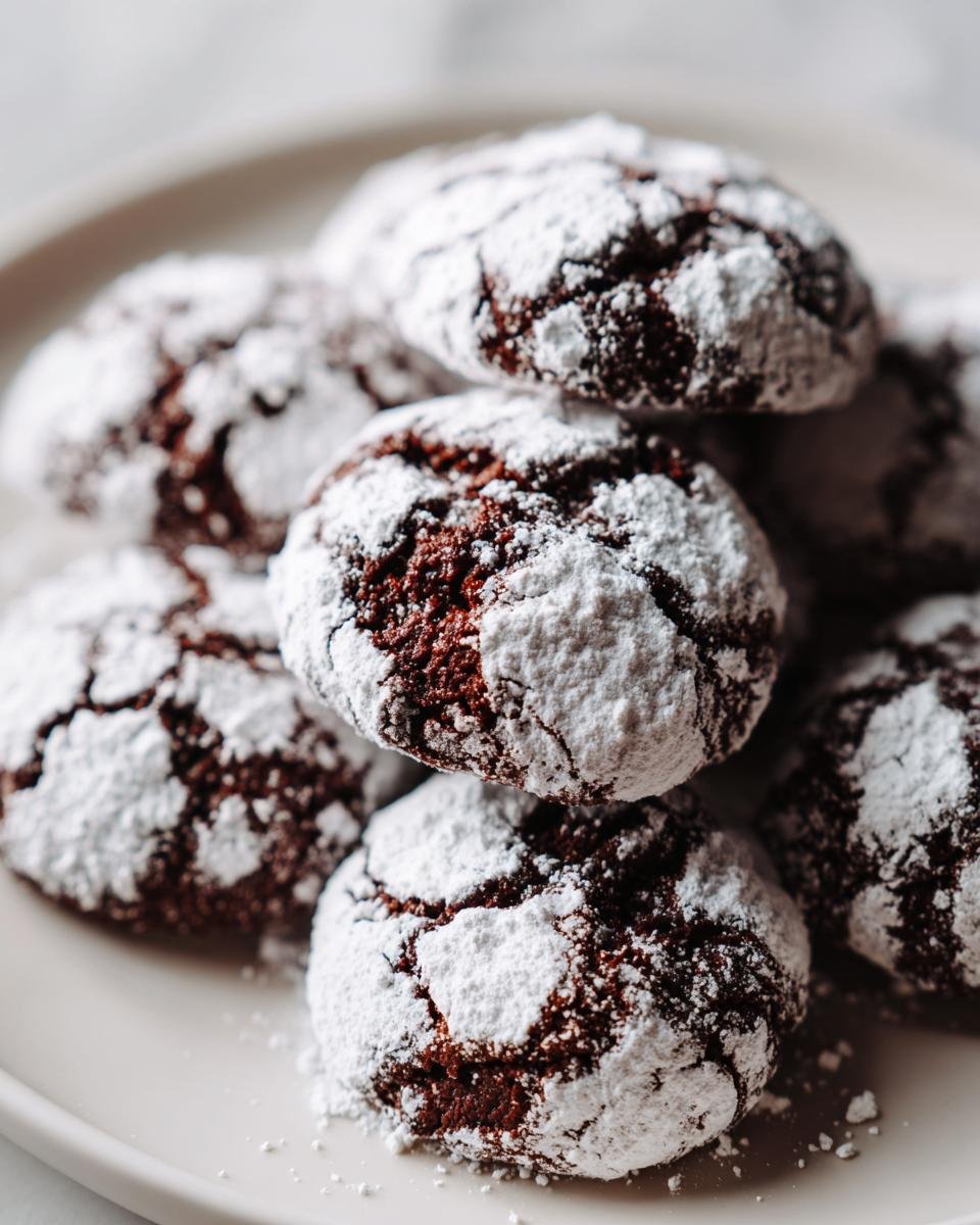 Nahaufnahme von gestapelten, dunklen Schokoladen-Schneebällchen Keksen, dick mit Puderzucker bedeckt.