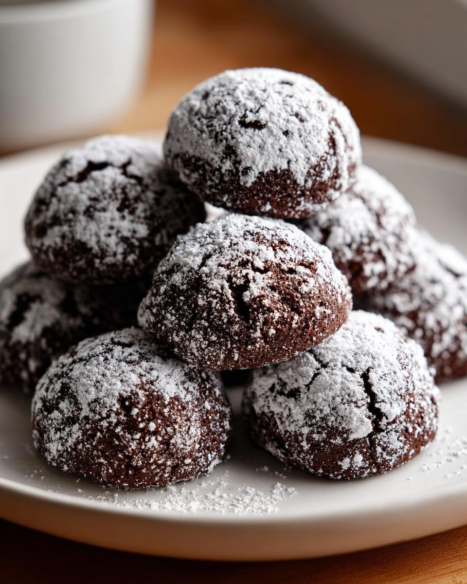 Stapel von dunklen Schokoladen-Schneebällen, dick mit Puderzucker bestäubt, auf einem weißen Teller.