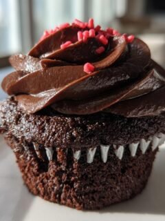 Nahaufnahme eines dunklen Schokoladen-Valentine Cupcakes mit reichhaltigem Schokoladenfrosting und roten Zuckerstreuseln.