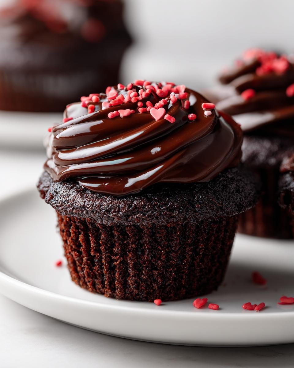 Nahaufnahme eines dunklen Schokoladen-Valentine Cupcakes mit gl&auml;nzender Schokoladenglasur und roten Herzstreuseln.