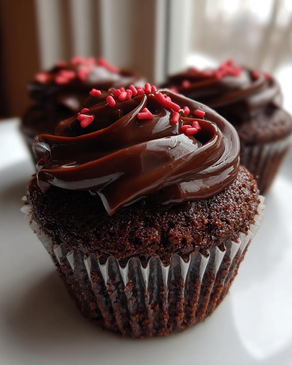 Nahaufnahme eines saftigen Schokoladen-Valentine Cupcakes mit gl&auml;nzender Schokoladenglasur und roten Herzstreuseln.