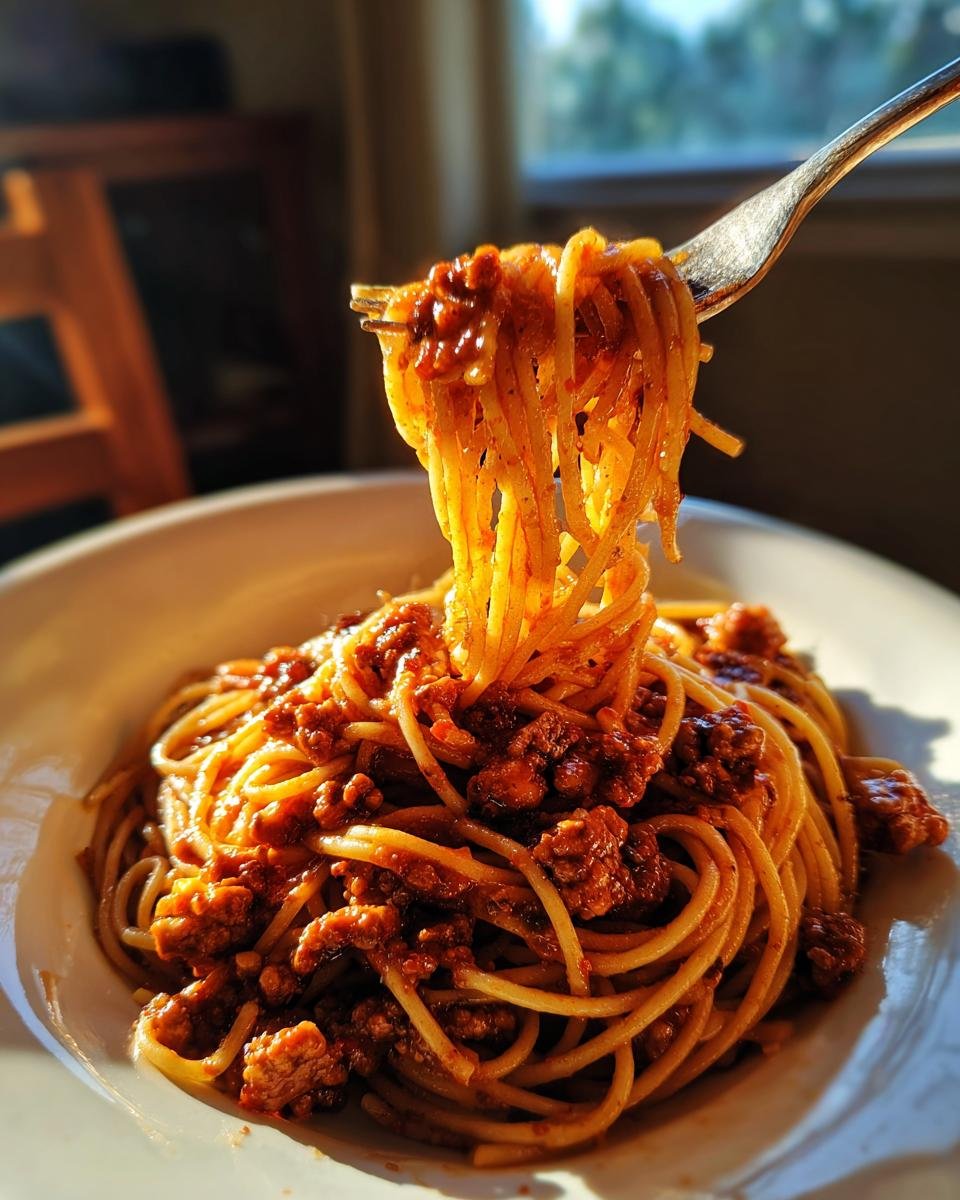 Nahaufnahme von Spaghetti mit reichhaltiger Soße, die mit einer Gabel aus einer weißen Schüssel gehoben werden. Perfektes Ground Turkey Pasta.