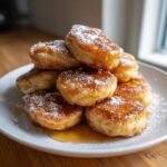 Ein Stapel goldbrauner Banana Pancake Bites, best&auml;ubt mit Puderzucker und Sirup.