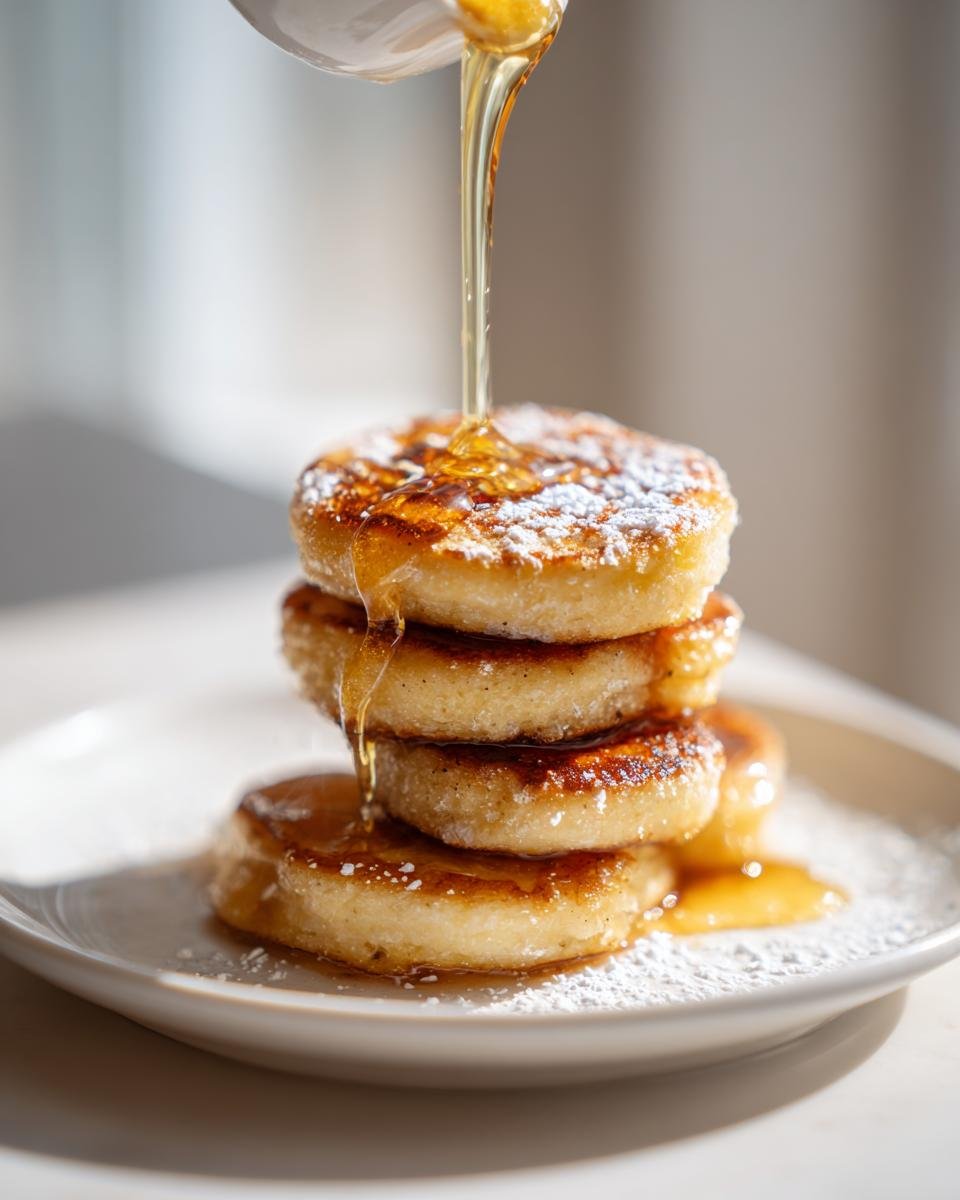 Stapel goldbrauner Banana Pancake Bites, beträufelt mit Ahornsirup und bestäubt mit Puderzucker.
