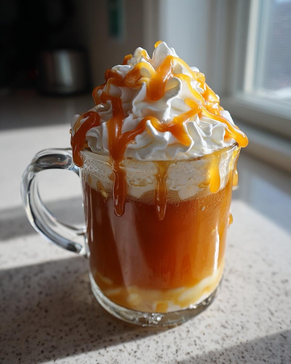 Ein Glas Starbucks Caramel Apple Cider mit viel Schlagsahne und Karamellsauce.