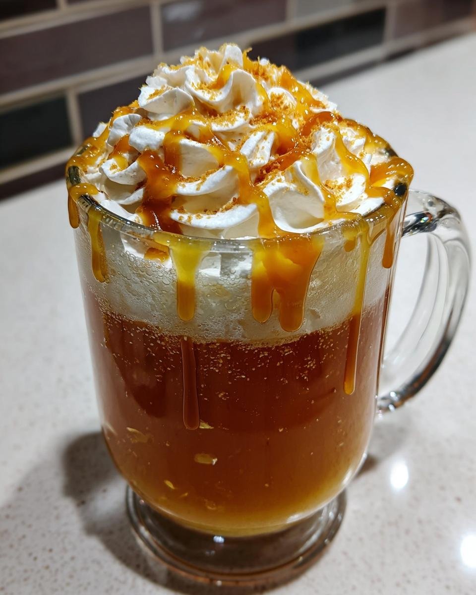 Nahaufnahme eines Starbucks Caramel Apple Cider in einer Glastasse, bedeckt mit Schlagsahne, Karamellsauce und Streuseln.