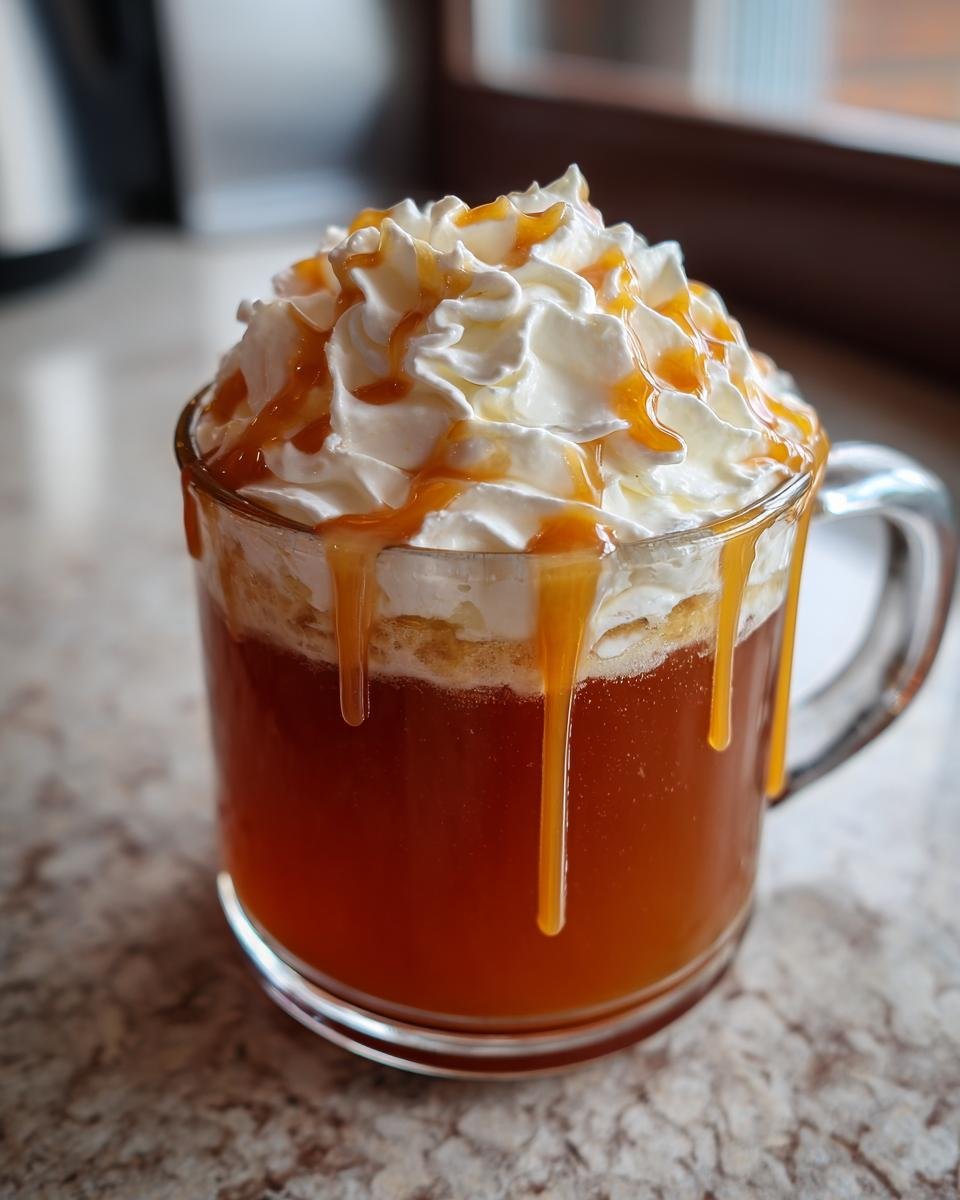 Nahaufnahme eines Starbucks Caramel Apple Cider mit viel Schlagsahne und Karamellsauce.