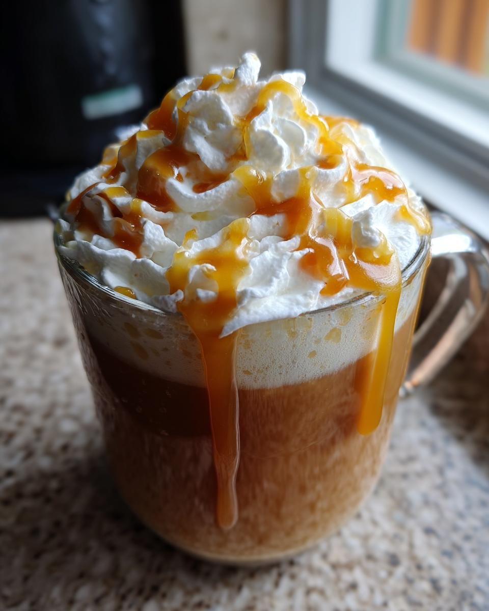 Nahaufnahme eines Starbucks Caramel Apple Cider mit viel Schlagsahne und Karamellso&szlig;e.