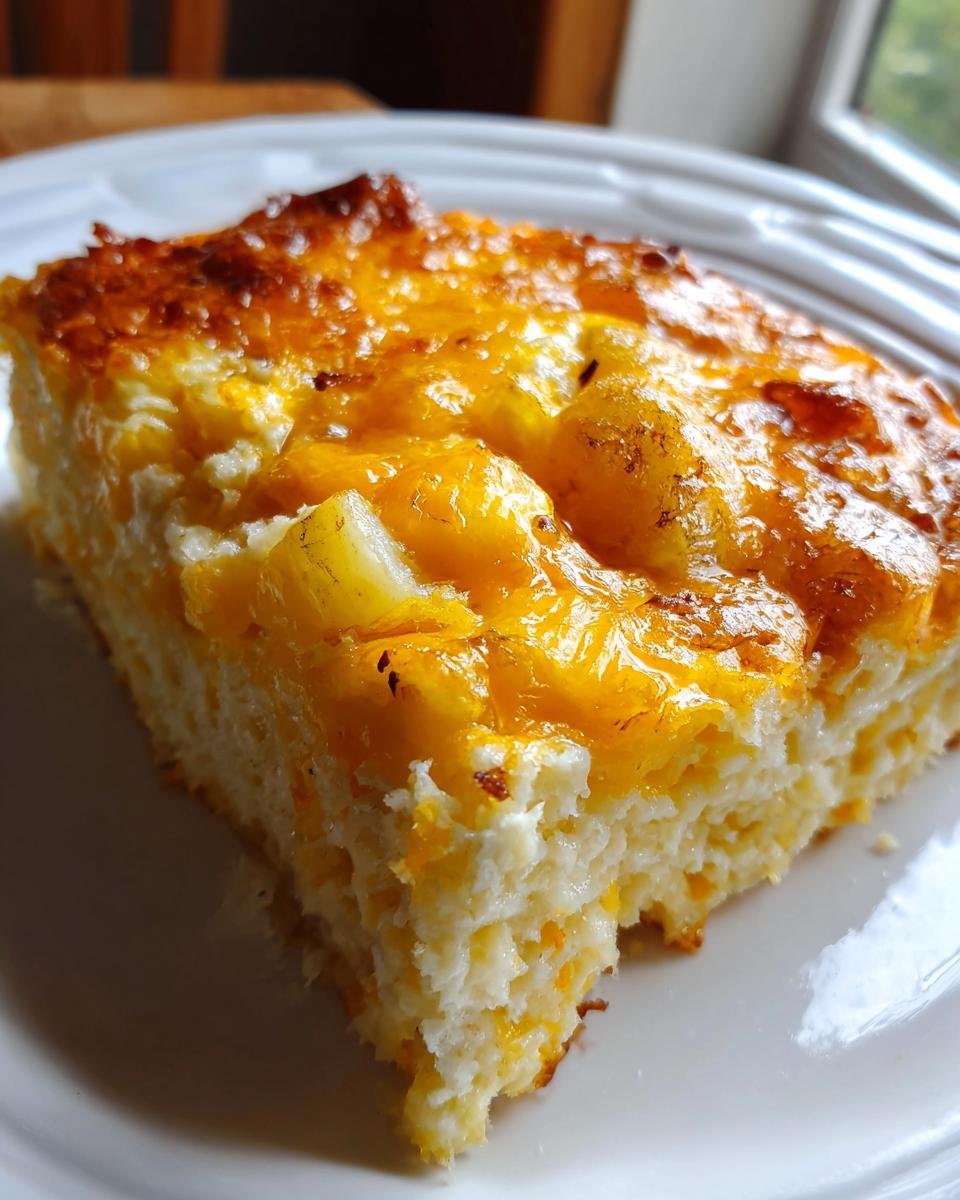 Nahaufnahme eines Stücks Cheesy Potato Breakfast Casserole mit goldbrauner, geschmolzener Käsekruste.