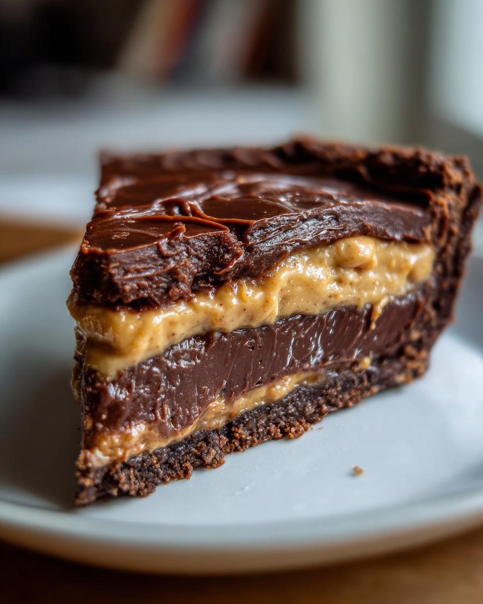 Nahaufnahme eines St&uuml;cks Decadent Chocolate Peanut Butter Temptation Pie mit Schokoladenboden und cremigen Schichtungen.