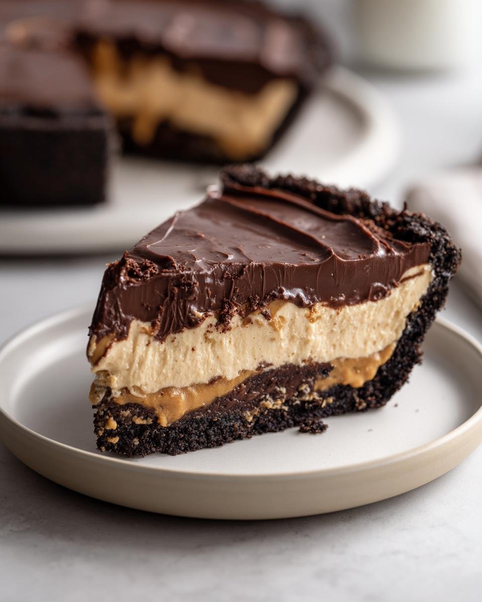 Nahaufnahme eines St&uuml;cks Decadent Chocolate Peanut Butter Temptation Pie mit Schokoladenkruste und mehreren Schichten.