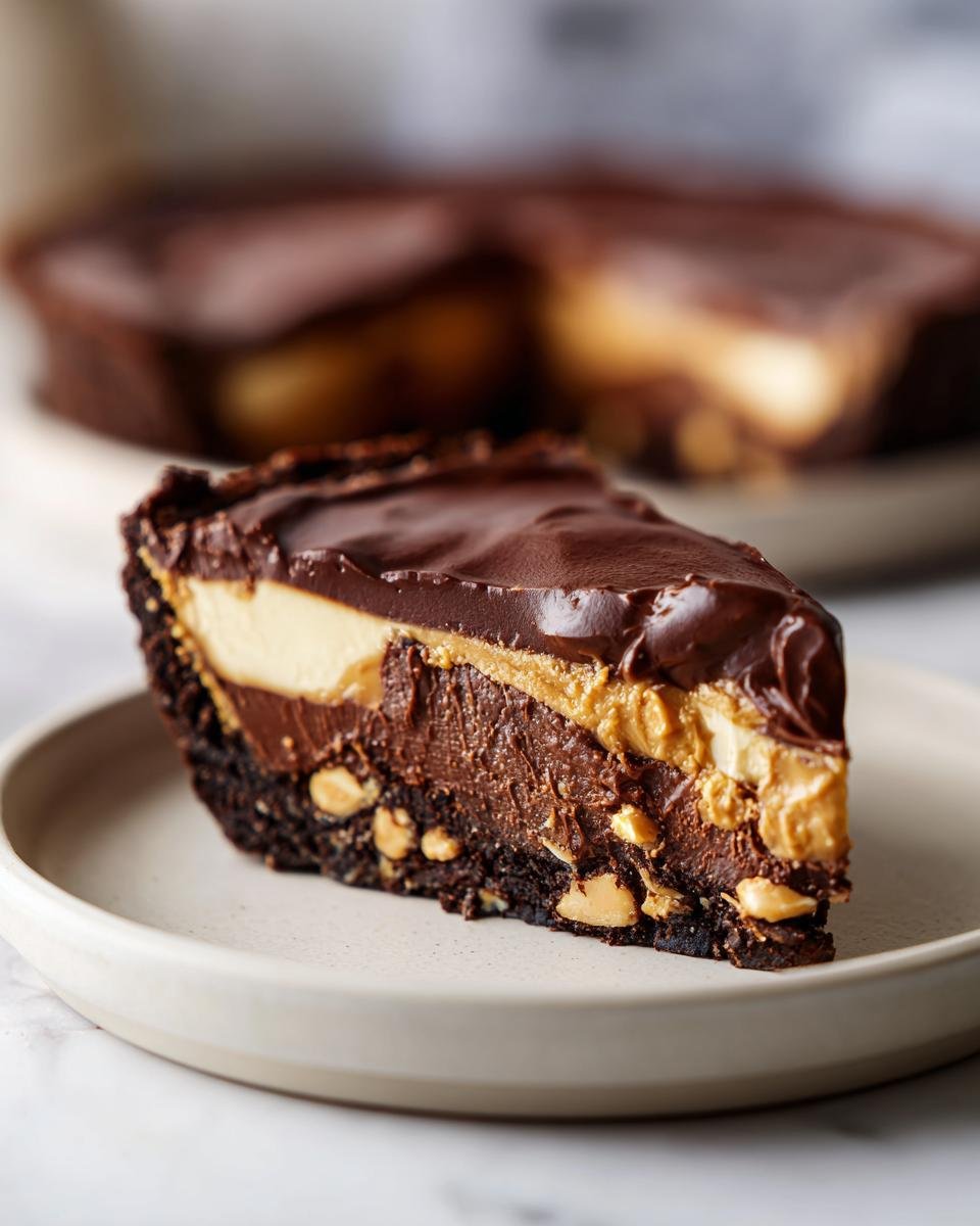 Nahaufnahme eines St&uuml;cks Decadent Chocolate Peanut Butter Temptation Pie mit Schokoladen&uuml;berzug.