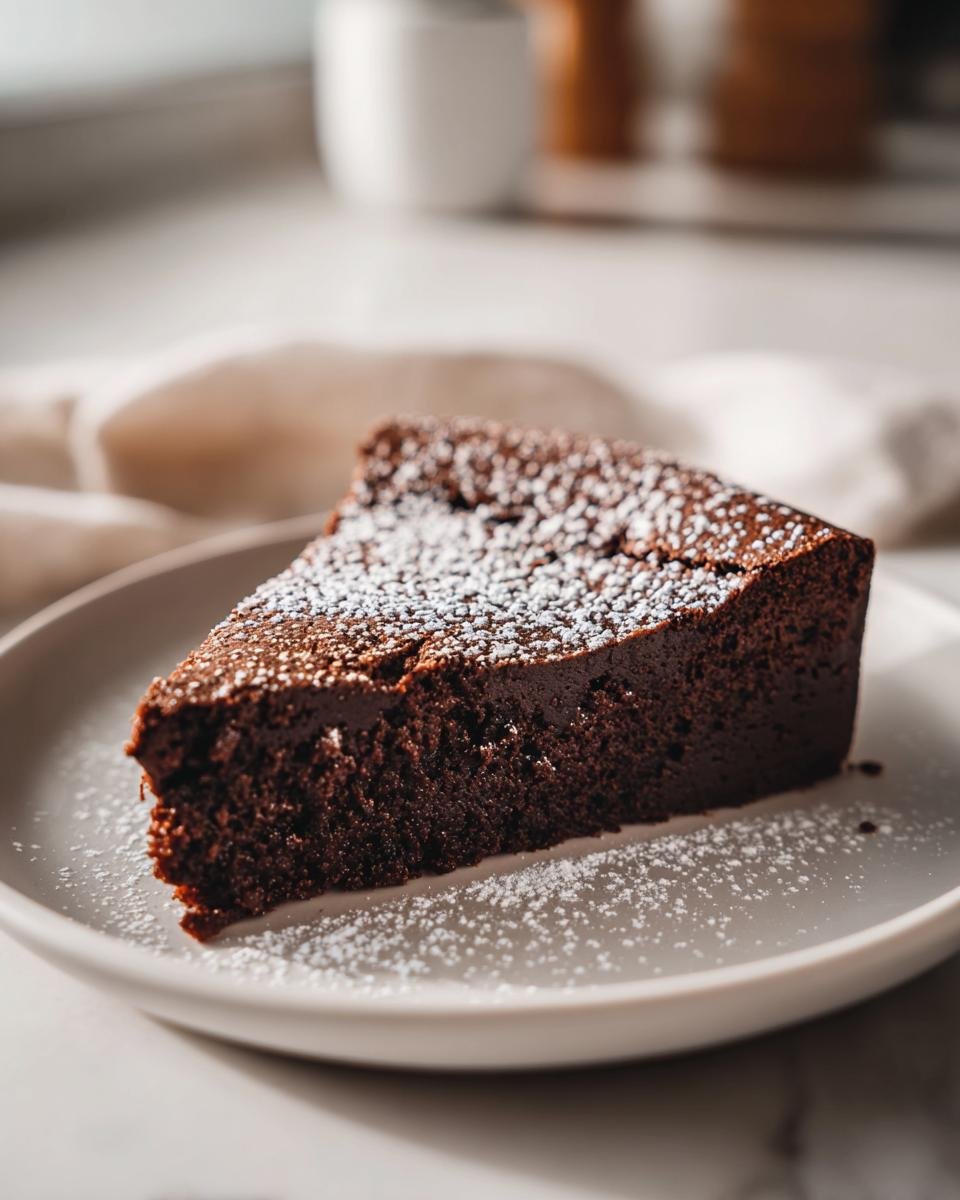 Ein St&uuml;ck dunkler Flourless Chocolate Cake, best&auml;ubt mit Puderzucker, auf einem hellen Teller.