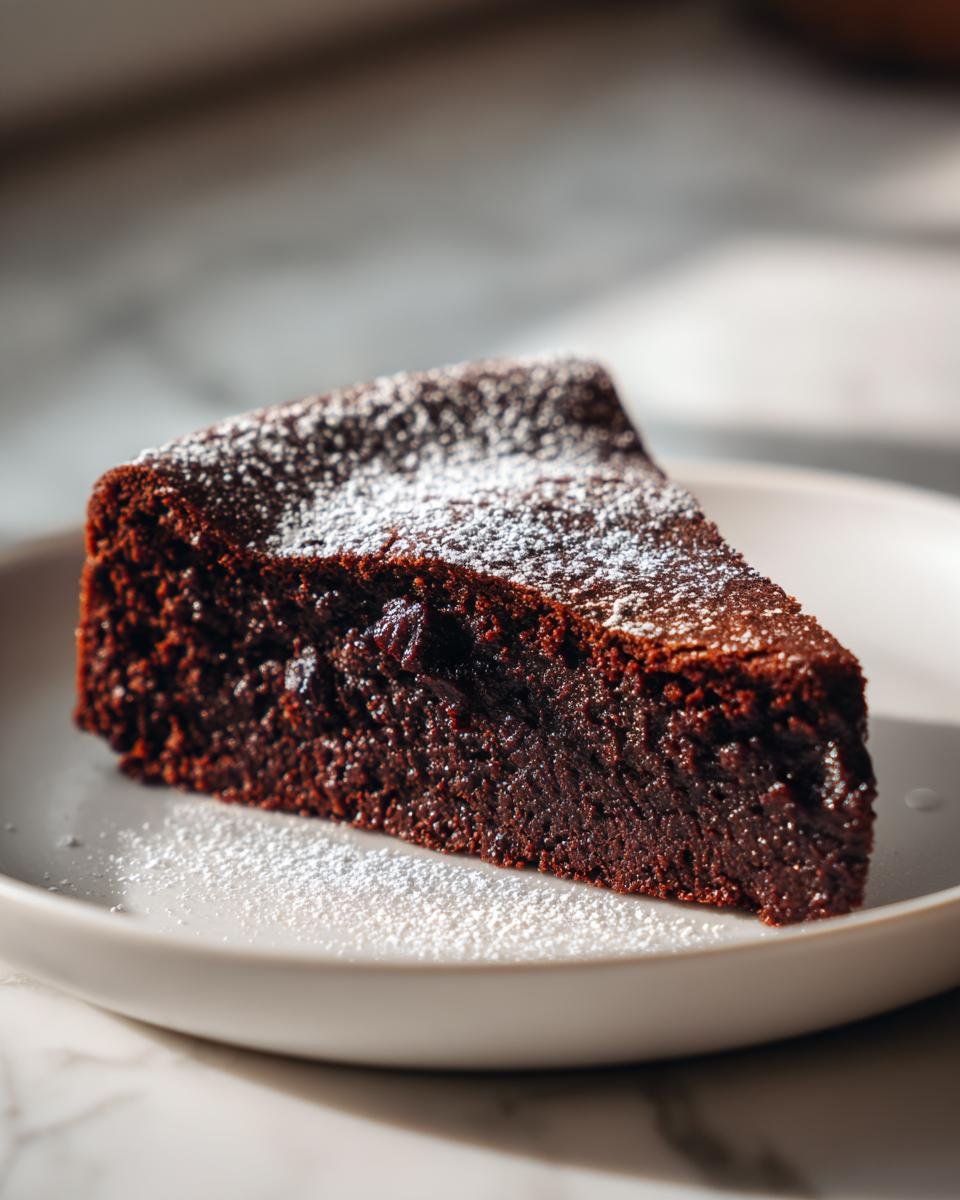Ein dichtes, dunkles St&uuml;ck Flourless Chocolate Cake, best&auml;ubt mit Puderzucker, auf einem hellen Teller.