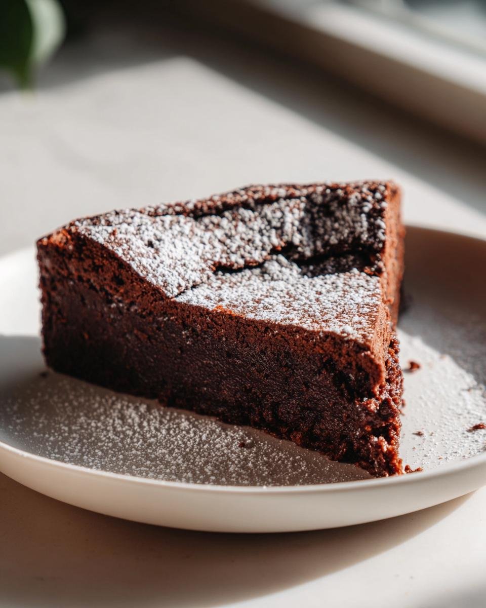 Ein St&uuml;ck saftiger Flourless Chocolate Cake, best&auml;ubt mit Puderzucker, auf einem wei&szlig;en Teller.