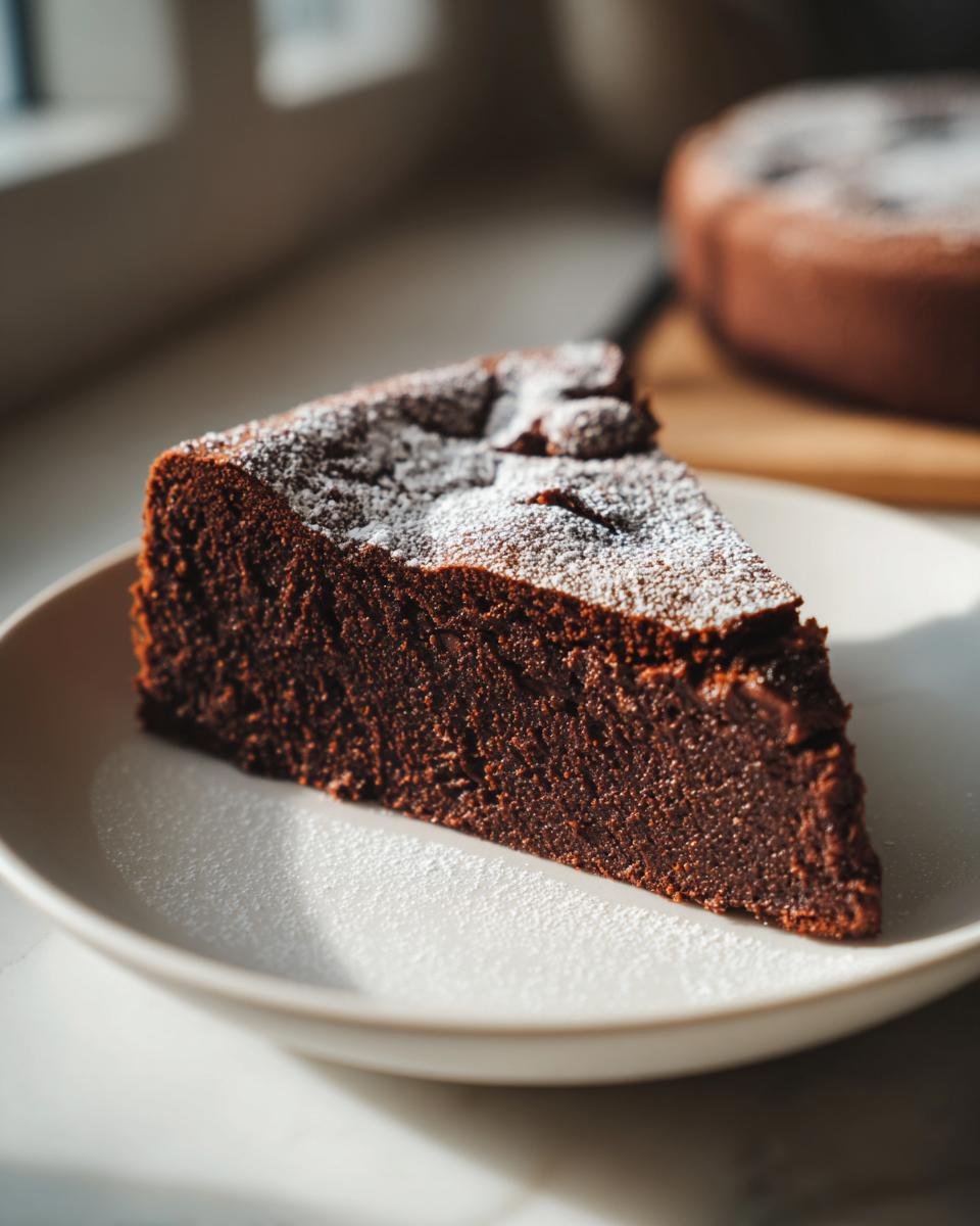 Ein gro&szlig;es St&uuml;ck Flourless Chocolate Cake, best&auml;ubt mit Puderzucker, auf einem wei&szlig;en Teller.