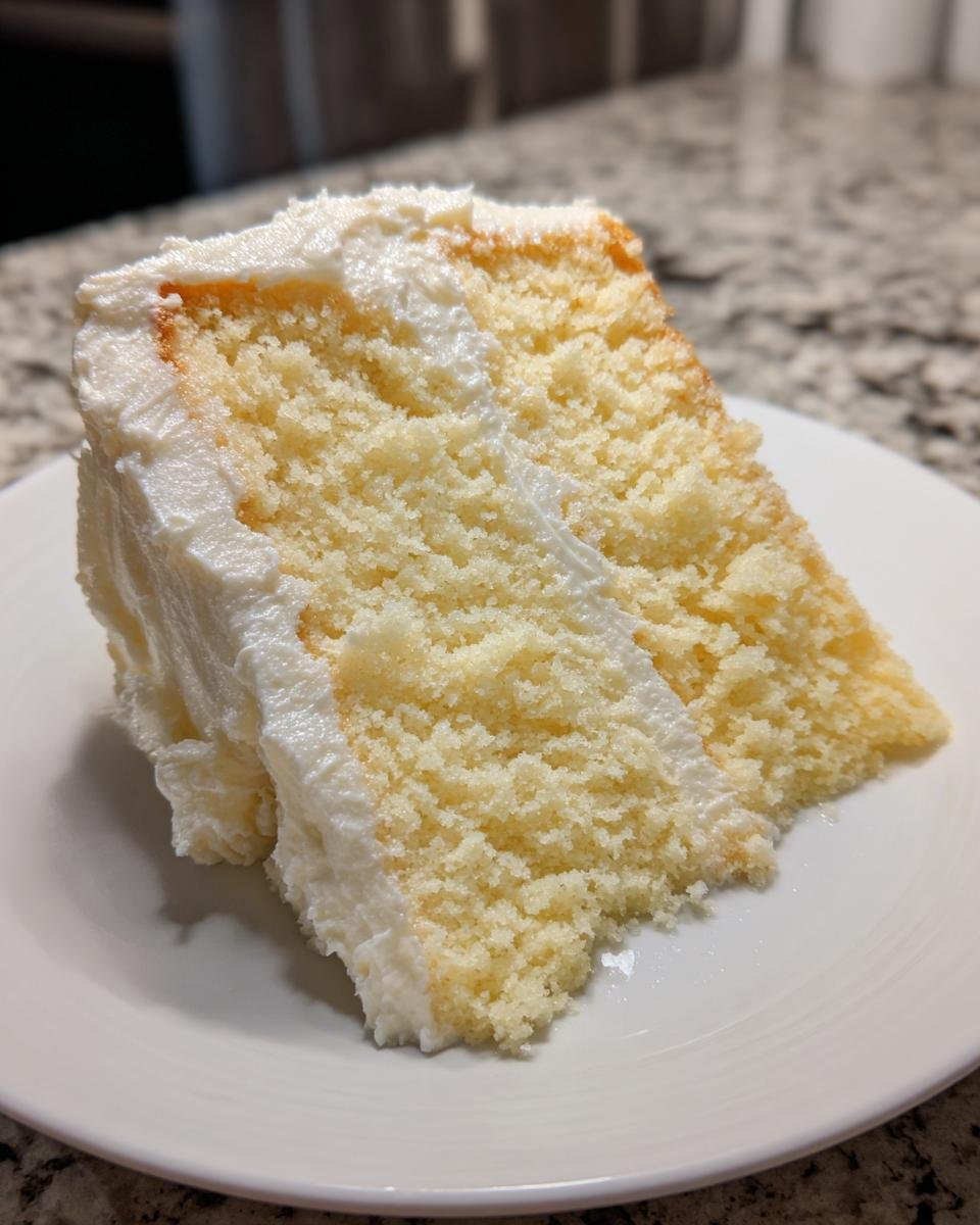 Nahaufnahme eines saftigen St&uuml;cks Italian Cream Sheet Cake mit dicker wei&szlig;er Creme zwischen den Schichten.