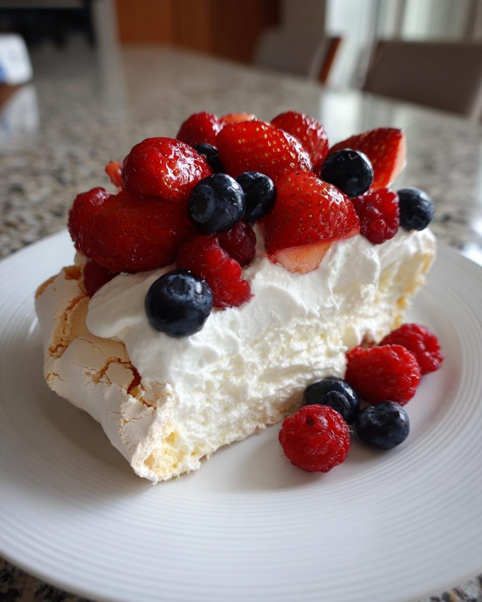 Ein St&uuml;ck cremiges Pavlova Dessert, belegt mit Schlagsahne, Erdbeeren, Blaubeeren und Himbeeren.