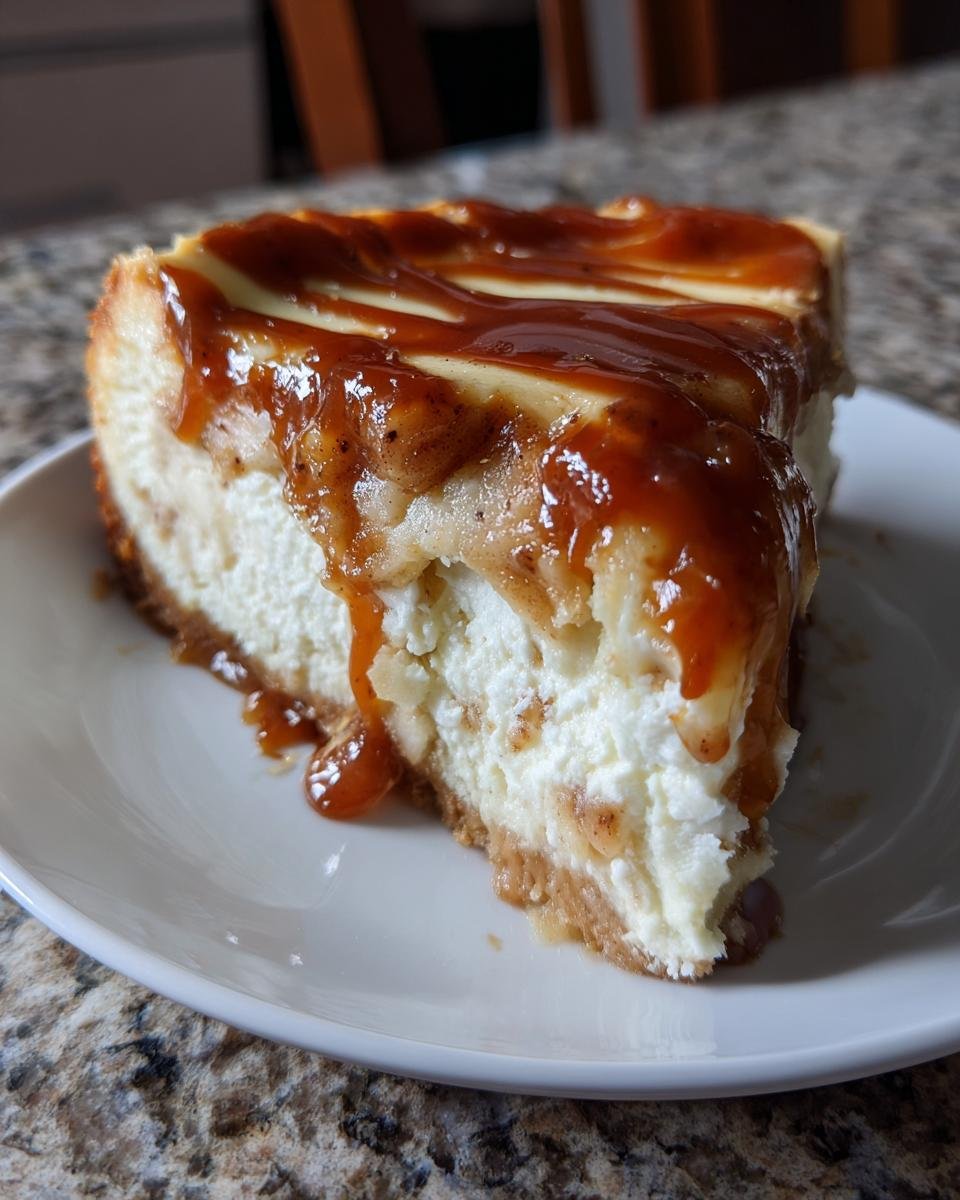 Nahaufnahme eines Stücks Salted Caramel Apple Pie Cheesecake mit Karamellsoße.