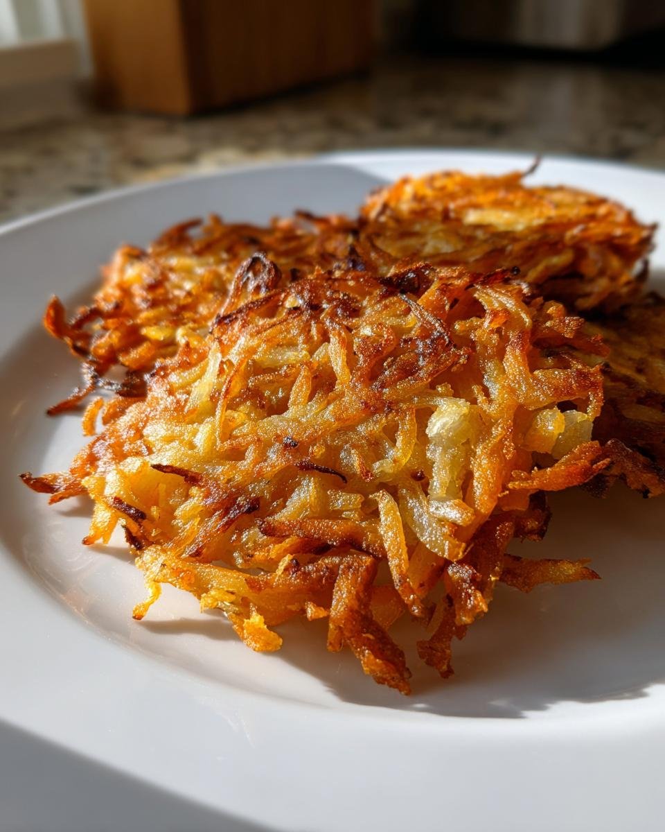 Nahaufnahme von goldbraunen, knusprigen Sweet Potato Hash Browns auf einem wei&szlig;en Teller.