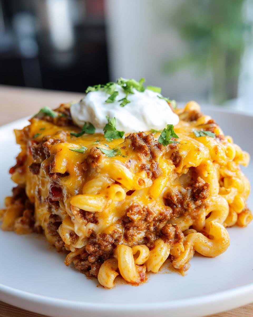 Ein St&uuml;ck cremige Taco Pasta mit Hackfleisch, geschmolzenem K&auml;se und einem Klecks Sour Cream.