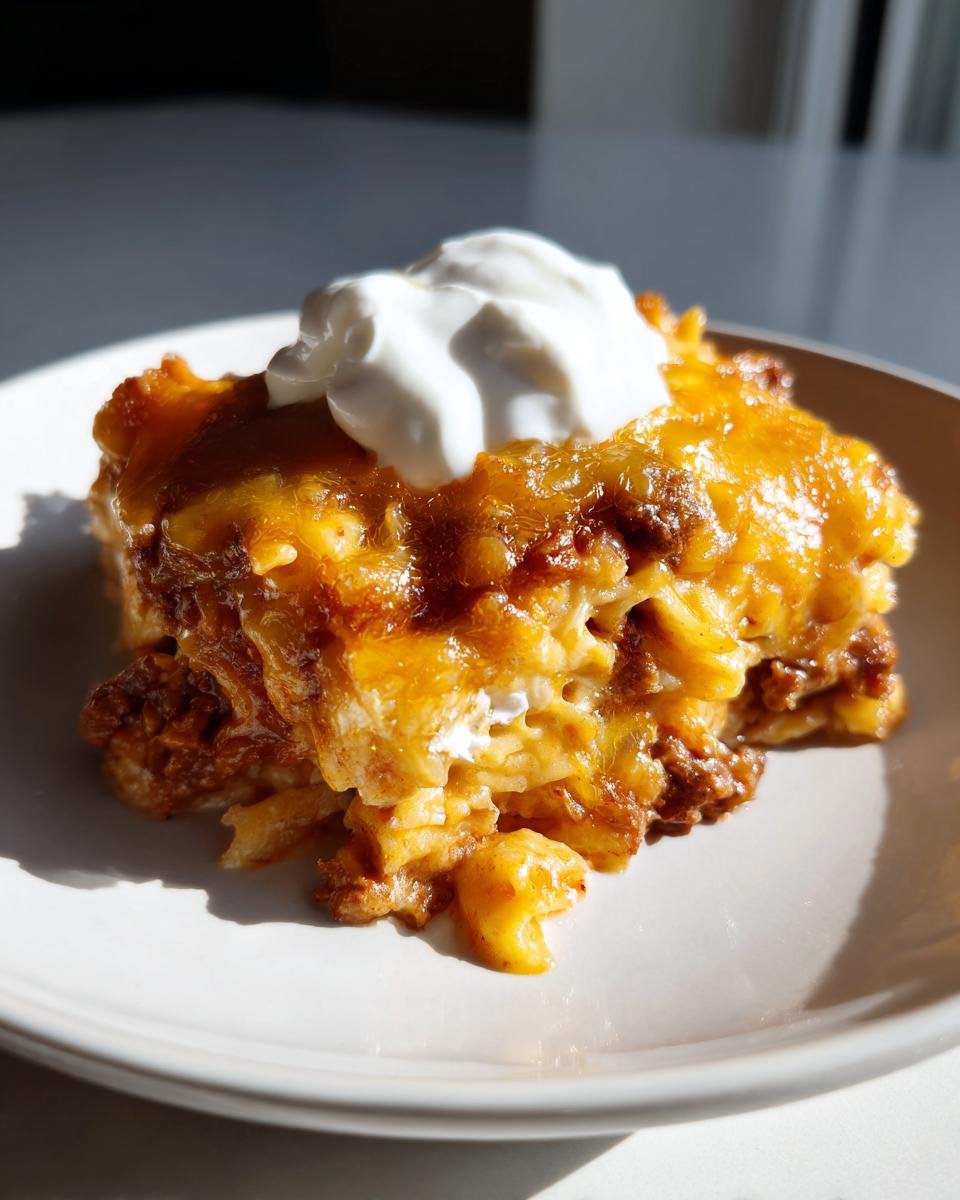 Ein goldbraun gebackenes St&uuml;ck Taco Pasta mit geschmolzenem K&auml;se und einem Klecks Sauerrahm.