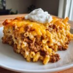 Ein gro&szlig;es, saftiges St&uuml;ck Taco Pasta mit geschmolzenem K&auml;se und einem Klecks Sauerrahm.