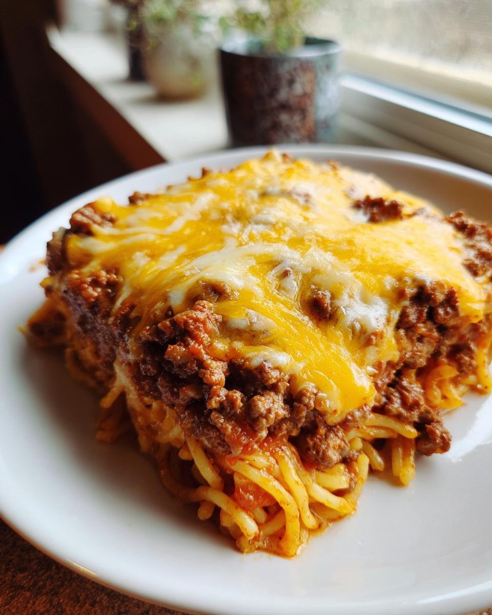 Ein St&uuml;ck Taco Spaghetti mit Hackfleischsauce und geschmolzenem Cheddar-K&auml;se auf einem wei&szlig;en Teller.