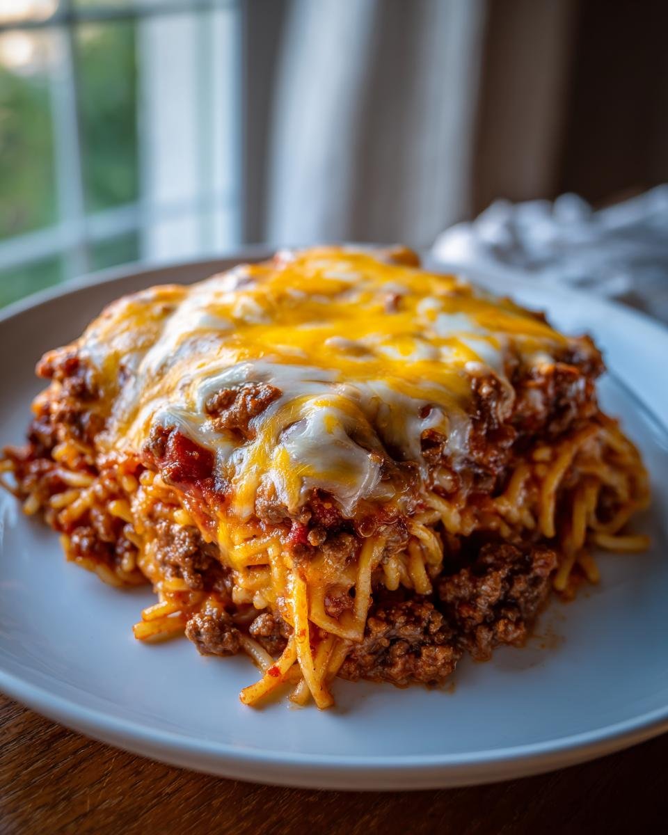 Eine Portion Taco Spaghetti mit Hackfleischsauce und geschmolzenem Cheddar- und Mozzarella-K&auml;se auf einem wei&szlig;en Teller.